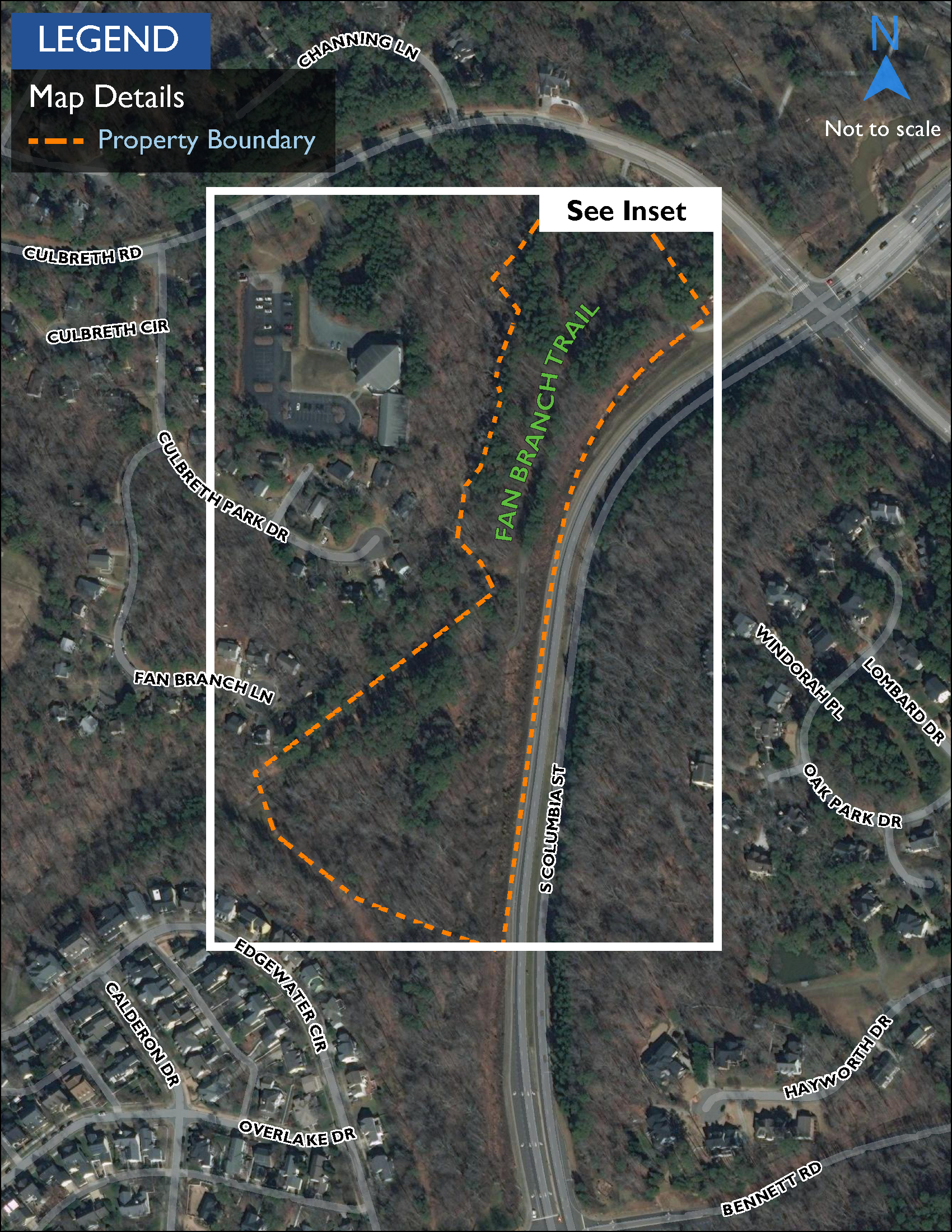 Map showing Fan Branch Trail, a 1.6-mile shared-use path surrounded by parkland that connects Southern Village, Hyatt Place, Southern Community Park and Morgan Creek Trail. 
